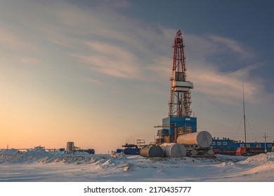 A General View Of A Drilling Rig For Drilling Wells At An Oil And Gas Field In The Arctic Region. Winter. Day. Drilling Equipment And Technical Infrastructure