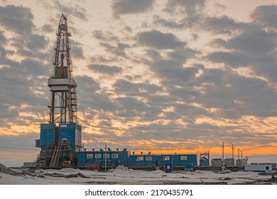 A General View Of A Drilling Rig For Drilling Wells At An Oil And Gas Field In The Arctic Region. Winter. Day. Drilling Equipment And Technical Infrastructure