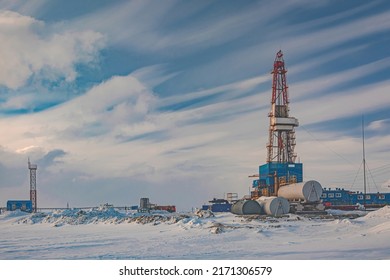 A General View Of A Drilling Rig For Drilling Wells At An Oil And Gas Field In The Arctic Region. Winter. Day. Drilling Equipment And Technical Infrastructure