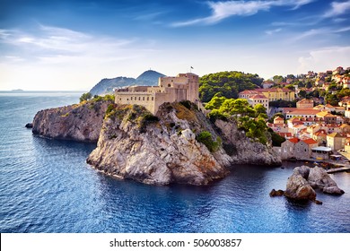 The General view of Dubrovnik - Fortresses Lovrijenac and Bokar seen from south old walls a. Croatia. South Dalmatia.