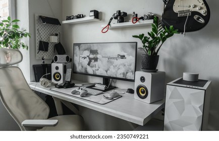 General view home workplace of gamer with computer and gamepad.  - Powered by Shutterstock