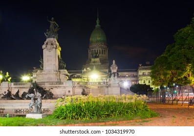 General View On Palace Of National Congress In Central Part Of Buenos Aires In Evening