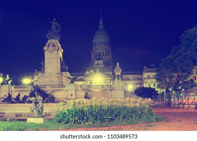 General View On Palace Of National Congress In Central Part Of Buenos Aires In Evening