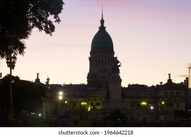 General View On Palace Of National Congress In Central Part Of Buenos Aires In Evening