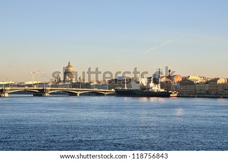 General view on Saint-Petersburg embankment and a ship