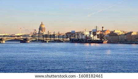 General view on Saint-Petersburg embankment and a ship. Russia