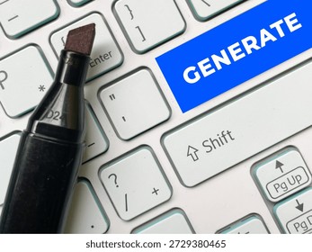 Generate button concept on computer keyboard. Idea of AI content creation, automation, and digital productivity.