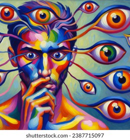 Generate a Fauvism-style artwork that showcases a person with multiple eyes adhered to their own body, all fixated on different parts of themselves. The eyes should be vividly colored and striking, emphasizing the individual's captivation and inability to