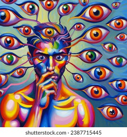 Generate a Fauvism-style artwork that showcases a person with multiple eyes adhered to their own body, all fixated on different parts of themselves. The eyes should be vividly colored and striking, emphasizing the individual's captivation and inability to