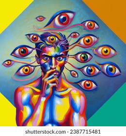 Generate a Fauvism-style artwork that showcases a person with multiple eyes adhered to their own body, all fixated on different parts of themselves. The eyes should be vividly colored and striking, emphasizing the individual's captivation and inability to