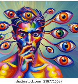 Generate a Fauvism-style artwork that showcases a person with multiple eyes adhered to their own body, all fixated on different parts of themselves. The eyes should be vividly colored and striking, emphasizing the individual's captivation and inability to