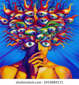 Generate a Fauvism-style artwork that showcases a person with multiple eyes adhered to their own body, all fixated on different parts of themselves. The eyes should be vividly colored and striking, emphasizing the individual's captivation and inability to