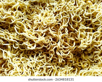 Generate a high-resolution, hyper-detailed close-up image of raw instant noodles, highlighting the intricate tangle of curly, yellow strands with realistic texture and natural lighting.