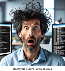 generate an image of a it professional looking surprised and pulling his hair