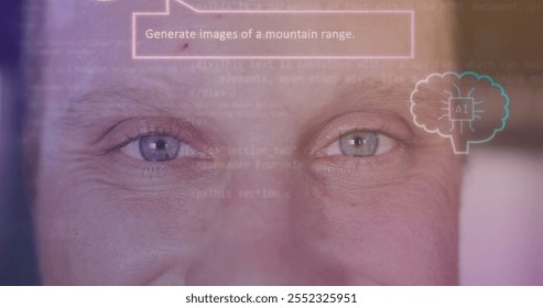 Generate images of mountain range text over close-up of person's eyes and AI icon. Nature, landscape, mountains, wilderness, adventure, exploration