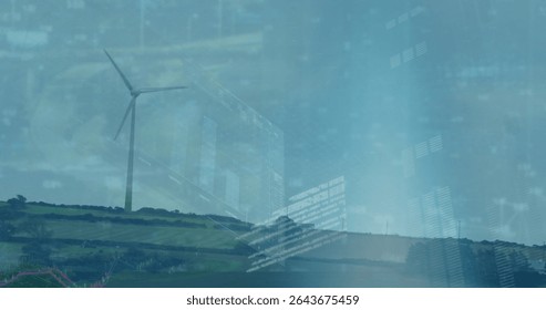 Generating clean energy wind turbine powering rolling green hillside, with digital data overlays. Renewable, sustainability, technology, innovation, ecology, environment, data visualization - Powered by Shutterstock - Get 15% off with code: PIKWIZARD15