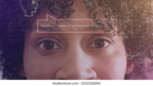 Generating images of mountain range, AI image over close-up of person's eyes. Landscape, mountains, nature, scenery, digital art, technology