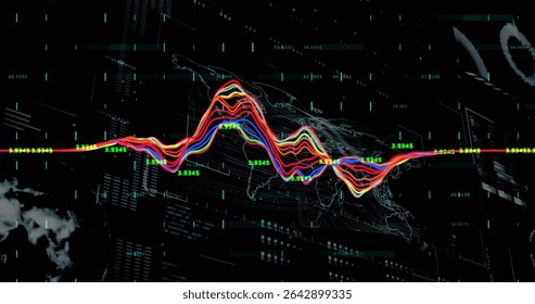 Generating waveform with numeric labels over world map in dashboard with glitch grid panels. Futuristic, visualization, neon, holographic, interface, analytics, digital