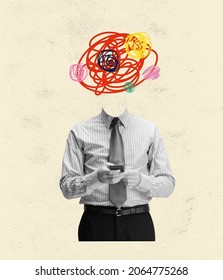 Generation Of Ideas. Contemporary Art Collage Of Man In Official Suit With Drawn Elements Head Of Confused Thoughts. Concept Of Vintage Fashion, Style, Retro, Art, Creativity, Imagination And Ad