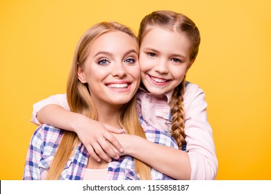 Generation Relatives Niece Aunt Day Holiday Concept. Close Up Portrait Of Excited Joyful Rejoicing Supportive Careful Mommy And Glad Offspring Hugging Her Neck Isolated On Bright Vivid Background