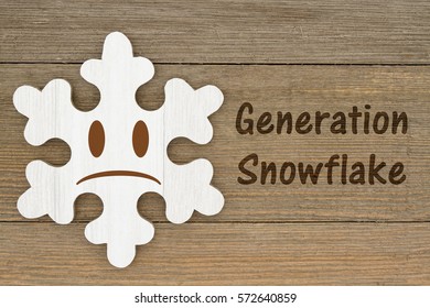 Generation Snowflake message, A retro wood snowflake on weathered wood background with text Generation Snowflake