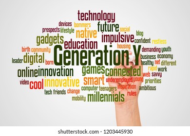 Generation Y word cloud and hand with marker concept on white background.