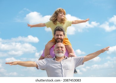 Generational Famil. Father, Son And Grandfather Happy Multi Genration Family With Raising Hands Or Open Arms Flying On Sky.