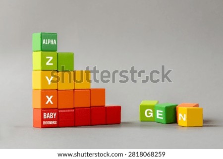 Generational shift and shrinking workforce concept with wooden blocks showing generation names from Baby Boomers to Alpha. Demography decline and aging society background.