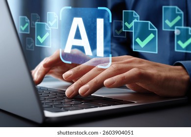 Generative AI artificial intelligence generate document and business files. Intelligent automation IA system and technology. Businessman typing on laptop computer keyboard at desk in office.