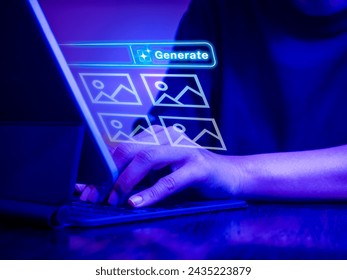 Generative AI concept. Artificial intelligence digital technology for create images. Four images generated icons appear on virtual screen with create prompt bar while human work with tablet computer.