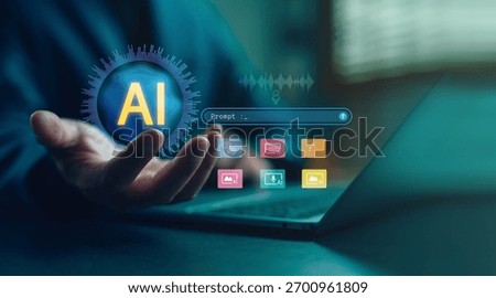 Generative AI concept with prompt input interface and content icons, representing artificial intelligence in text, image, voice, and code generation for creative digital content automation.