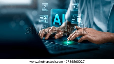 Generative AI creative content concept with person using laptop and stylus interacting with virtual interface for prompt based creation of media design workflow automation and digital productivity