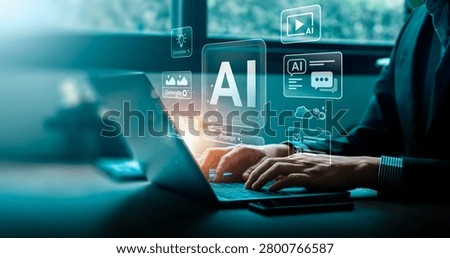 Generative AI creative content concept with business professional using laptop interface showing prompt based media generation chatbot communication and digital workflow automation