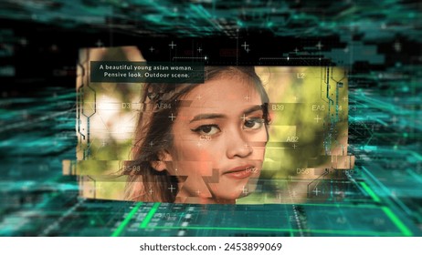 Generative AI image concept with digital background. Creating a unique image of a woman from text prompts. Text-to-image models