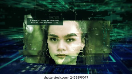Generative AI image concept with digital background. Creating a unique image of a woman from text prompts. Text-to-image models