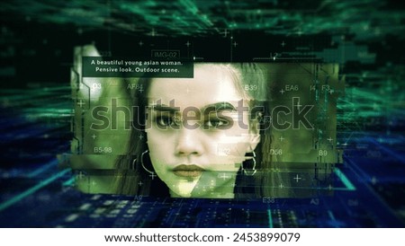 Generative AI image concept with digital background. Creating a unique image of a woman from text prompts. Text-to-image models