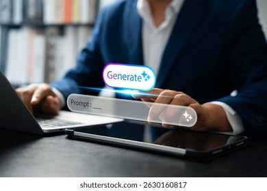 Generative AI and innovative artificial intelligence solution. Businessman using tablet and laptop with AI powered prompt interface to create ideas and content. Streamline workflow, Prompt engineering