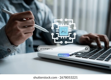 Generative AI and prompt engineering concept. Man using laptop and digital pen with artificial intelligence interface for future technology and content creation, AI tool assistant