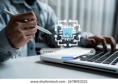 Generative AI and prompt engineering concept. Man using laptop and digital pen with artificial intelligence interface for future technology and content creation, AI tool assistant