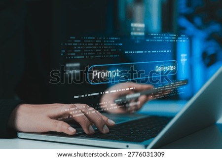 Generative AI prompt engineering concept. Person typing command on laptop with search bar, prompt interface, generate button, coding data to represent artificial intelligence content creation systems.