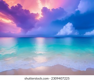  Generative ai, summer concept, beautiful background, colorful sky, clouds, seascape horizon, panoramic, tropical beach, coast, sea, ocean, sunrise, sunset, relaxing sunlight, vacation, travel holiday - Shutterstock ID 2309407225