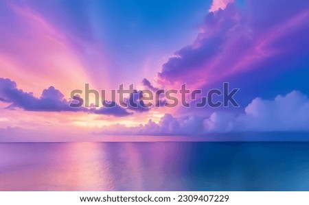  Generative ai, summer concept, beautiful background, colorful sky, clouds, seascape horizon, panoramic, tropical beach, coast, sea, ocean, sunrise, sunset, relaxing sunlight, vacation, travel holiday