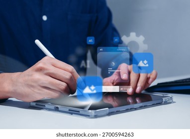 Generative Artificial Intelligence, AI Image Generation Concept with Prompt Input Interface on Digital Tablet, Showing Future Technology of Creative Design, Digital Art, and AI Development technology.