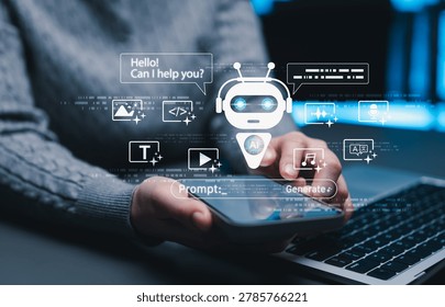Generative artificial intelligence chatbot concept. Robot assistant and prompt AI with icons for image, code, text, video, audio, music, translation represent multimodal content generation capability
