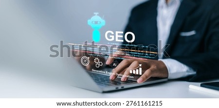 Generative engine optimization geo for digital marketing strategy.Businessman using ai for generative engine optimization on laptop.Future of search engine optimization with geo and ai bot.