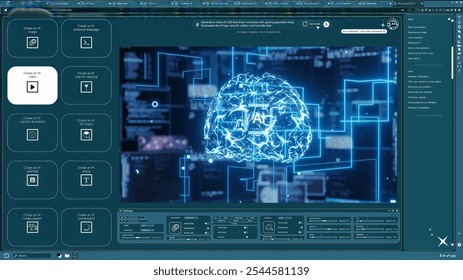 Generative model software producing AI generated video of neural network brain nodes. Artificial intelligence diffusion model app showing prompt creating AI brain hologram visualization clip - Powered by Shutterstock - Get 15% off with code: PIKWIZARD15