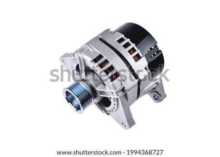 generator automobile, element of the electrical network of the car on a white background top view, close-up selective focus