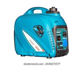 Generator. Single-phase inverter gasoline generator with manual starter, isolated on a white background.