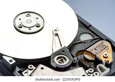 Generic 3.5 Hard Drive HDD Disk Without Top Cover Closeup, Object Detail, Nobody. Simple Digital Data Storage Device Abstract Concept, No People. Restoring Data, Drive Partitions, Reading And Writing