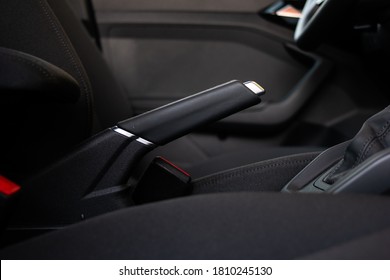 Generic Black Leather Wrapped Car Hand Break Lever Pulled Up Front View Close Up Shot 